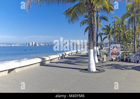 The tropical malecon in the old town area of Puerto Vallarta, Mexico. Stock Photo
