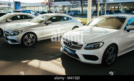 MOENCHENGLADBACH, GERMANY - APRIL 30, 2017: Office of official dealer Mercedes-Benz. Mercedes-Benz is a German automobile manufacturer Stock Photo