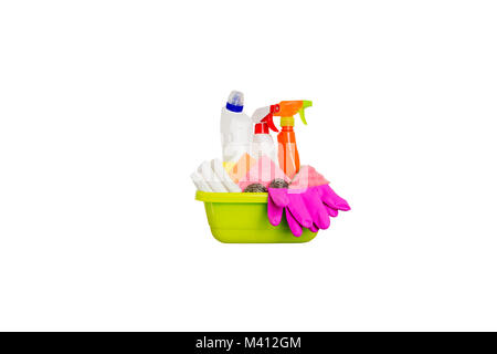 Cleaning supplies isolated on white Stock Photo
