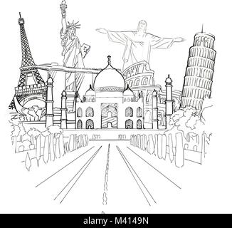 Travel to World Sketch. Road trip. Tourism sketch concept with landmarks. Travelling vector illustration. Hand-drawn modern illustration. Stock Vector