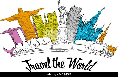 Travel the World. Road trip. Tourism sketch concept with landmarks. Travelling vector illustration. Hand-drawn modern illustration. Stock Vector