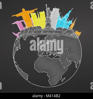 Travel to World. Sketch on Chalkboard. Tourism sketch concept with landmarks. Travelling vector illustration. Hand-drawn modern design. Stock Vector