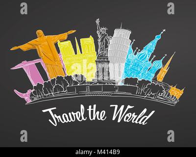 Travel the World Landmarks on Chalkboard. Tourism sketch concept with landmarks. Travelling vector illustration. Hand-drawn modern design. Stock Vector