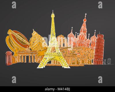 Travel to Europe. Sketches on Chalkboard. Tourism concept with landmarks. Travelling vector illustration. Hand-drawn modern design. Stock Vector