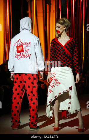 Models present Oleksiy ZALEVSKIY's collection of clothes made from condoms during the 40th Ukrainian Fashion Week at Mystetsky Arsenal in Kyiv Stock Photo