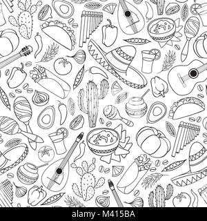 Mexican food and musical instruments icons seamless pattern. Traditional mexican culture icons background Stock Vector