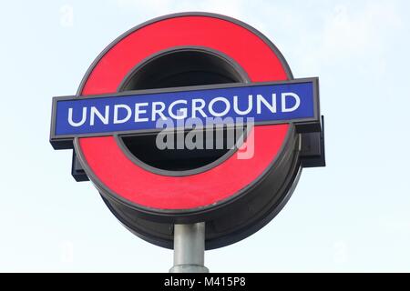 Underground sign in London. The London Underground is a public rapid transit system serving London Stock Photo
