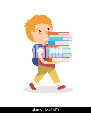 Schoolboy walking and carrying a tall stack of school books Stock Vector