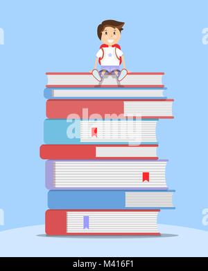 Schoolboy sitting on stack of books. Vector flat illustration. Education concept Stock Vector