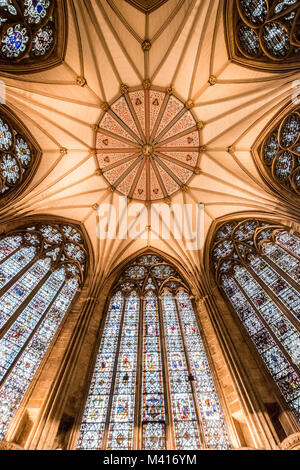 The stunning stained glass windows and atrium roof of York Minster Stock Photo