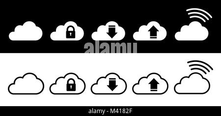 Cloud icon set in white and black in flat style. Abstract symbols in flat style. Simple cloud icons set isolated on black and white background. Vector Stock Vector