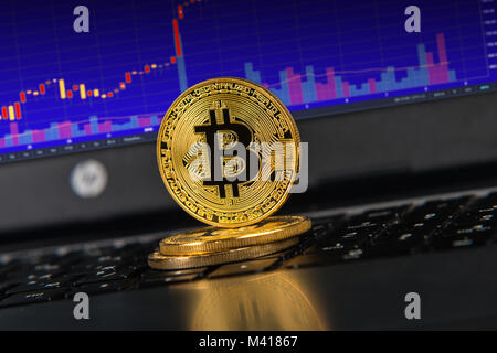 Bitcoins on laptop keyboard, blue graph on screen Stock Photo