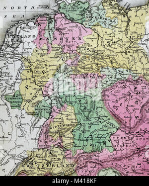 1839 Mitchell Map - Central Europe - Germany Switzerland Austria North Italy Czech Bohemia Bavaria Stock Photo