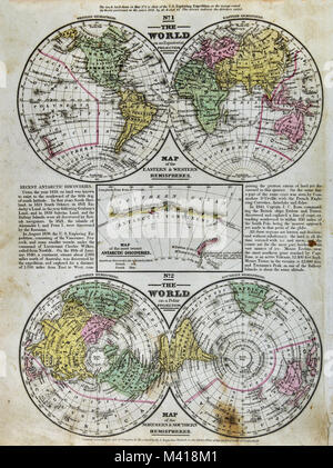 1839 Mitchell Map - World in Hemispheres & Polar Projections with Antarctica Discoveries Stock Photo