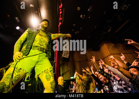 Norway, Bergen - February 10, 2018. The Norwegian punk rock band Turbonegro performs a live concert at USF Verftet in Bergen. Here vocalist Tony Sylvester, also known as the Duke of Nothing, is seen live on stage. (Photo credit: Gonzales Photo - Jarle H. Moe). Stock Photo