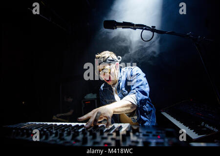 Norway, Bergen - February 10, 2018. The Norwegian punk rock band Turbonegro performs a live concert at USF Verftet in Bergen. Here musician Haakon-Marius Pettersen is seen live on stage. (Photo credit: Gonzales Photo - Jarle H. Moe). Stock Photo