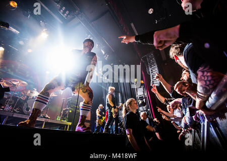 Norway, Bergen - February 10, 2018. The Norwegian punk rock band Turbonegro performs a live concert at USF Verftet in Bergen. Here vocalist Tony Sylvester, also known as the Duke of Nothing, is seen live on stage. (Photo credit: Gonzales Photo - Jarle H. Moe). Stock Photo