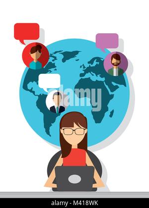 woman sitting with laptop chatting globe people bubbles Stock Vector