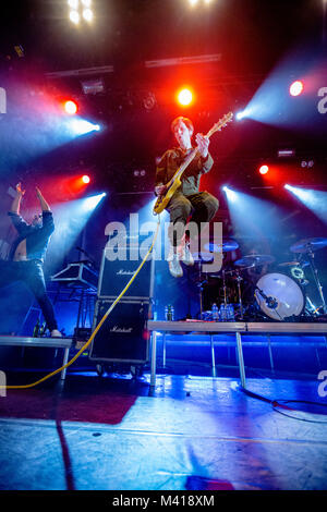 Norway, Bergen - February 10, 2018. The Norwegian punk rock band Turbonegro performs a live concert at USF Verftet in Bergen. Here guitarist Knut Schreiner, also known as Euroboy, is seen live on stage. (Photo credit: Gonzales Photo - Jarle H. Moe). Stock Photo