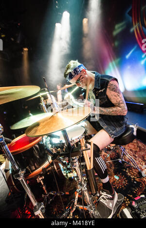 Norway, Bergen - February 10, 2018. The Norwegian punk rock band Turbonegro performs a live concert at USF Verftet in Bergen. Here drummer Tommy Akerholdt is seen live on stage. (Photo credit: Gonzales Photo - Jarle H. Moe). Stock Photo