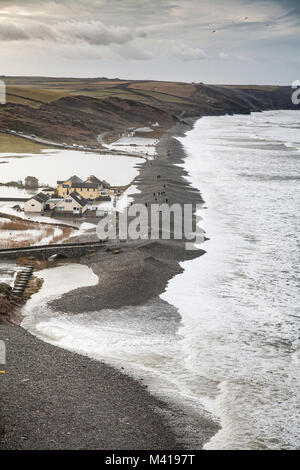 Flooding over the sea defence at Newgale beach in Pembrokeshire Stock Photo