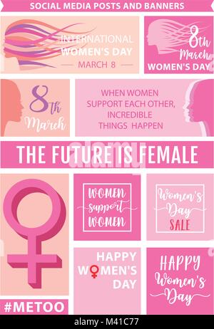 Women's day social meadia posts, headers and banners, instagram background templates, set of vector graphic design elements Stock Vector