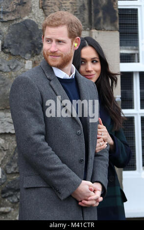 Prince Harry and Meghan Markle after watching the firing of the One o'clock gun at Edinburgh Castle, during their visit to Scotland. Stock Photo