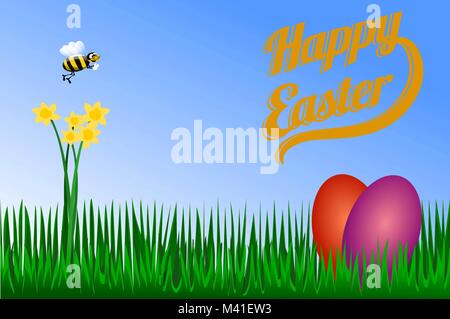 Yellow flowers in the grass with bees, Happy Easter and spring time illustration Stock Vector