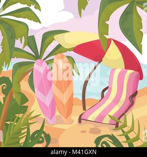 Summertime on the beach. Palms and plants around.Cartoon vector illustration. Summer vacation on sea coast Stock Vector