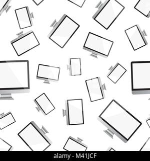 Desktop computer monitor seamless pattern background. Business flat vector illustration. Realistic device sign symbol pattern. Stock Vector