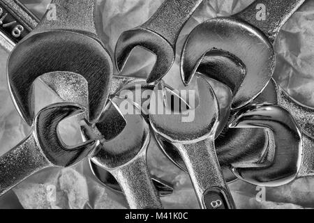 Collection of Spanners/Wrenches as a still life. Black and White. Stock Photo