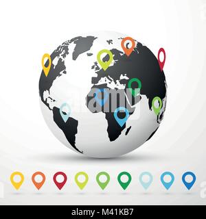 globe world map illustration with map pin pointer location Stock Vector