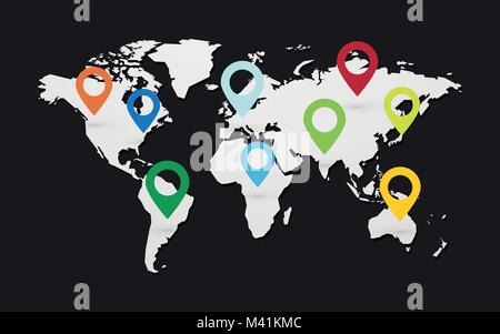 set of colored map pointers with world map on black background Stock Vector