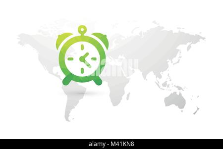 World map with green alarm clock Stock Vector