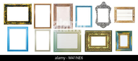 Collection of shabby distressed picture frames, isolated on white background. Stock Photo