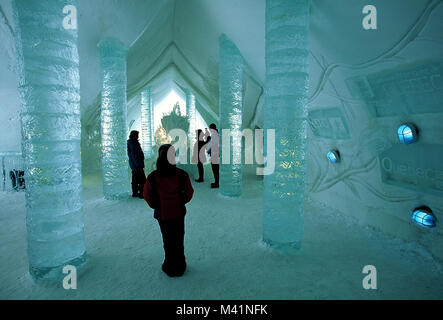 Canada, Quebec Province, Ice Hotel at the touristic station Duchesnay, the hall and its sculptures of ice Stock Photo