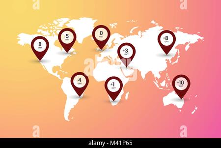 time zones with world map on modern color gradient background Stock Vector