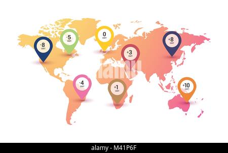 time zones world map on color gradient background Stock Vector