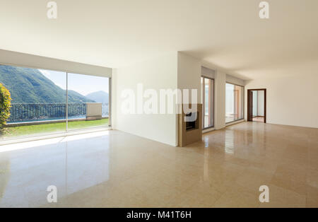 Interior apartment with garden, large room with fireplace Stock Photo