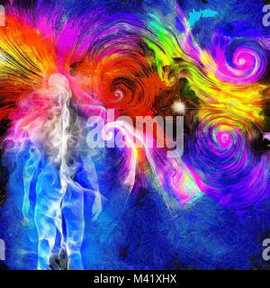 Surreal oil painting. Human's spirit in vivid colorful universe. Stock Photo