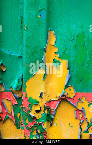 Peeling paint on the door of a derelict hut. Stock Photo
