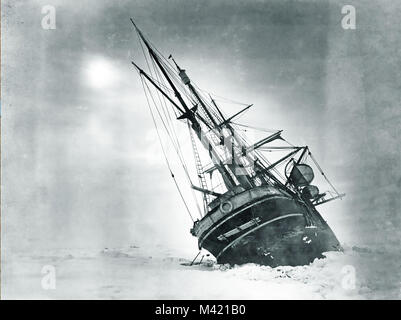 THE ENDURANCE three-masted ship of Shackleton's 1914-1915 Antarctic expedition trapped in pack ice. Photo: Frank Hurley Stock Photo