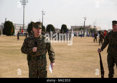 U.S. Marine Corps Sgt. Maj. Christopher J. Garza, former sergeant major of Marine Corps Air Station Iwakuni, Japan, gives remarks during his relief ceremony here, Feb. 8, 2018. Garza is headed to Marine Corps Base Camp Lejeune, North Carolina, to assume the post of sergeant major for the 24th Marine Expeditionary Unit. (U.S. Marine Corps photo by Cpl. Carlos Jimenez)
