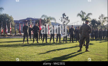 U.S. Marine Brig. Gen. Stephen Sklenka, the commanding general of the 1st Marine Logistics Group, gives a speech to the Marines and Sailors prior to a quarterly awards ceremony at Camp Pendleton, Calif., Feb. 8, 2018. The awards ceremony is conducted every quarter to highlight the achievements of the Marines and Sailors throughout the unit. (U.S. Marine Corps photo by Cpl. Adam Dublinske) Stock Photo