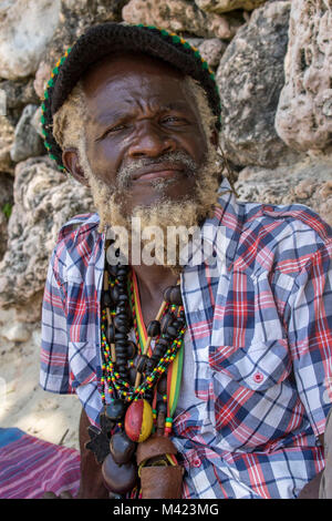 Portrait of bead seller on Almond beach, Portland parish, Jamaica, West Indies, Caribbean Stock Photo