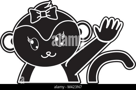 silhouette adorable female monkey animal with hand up Stock Vector