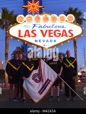 The “Welcome to Fabulous Las Vegas” sign was the starting point for the 6th Medical Recruiting Battalion 5K Run/Walk on February 9. Soldiers, civilians and family members were encouraged to take part in this quarterly event to promote unit cohesion, physical fitness and esprit de corps. This quarter’s theme, “Show Off Your City,” was selected by the Medical Recruiting Brigade at Fort Knox, Kentucky and all battalions, companies, and recruiting centers across the country were urged to participate by highlighting iconic images of their city. (U.S. Army Photo by Andrew Lynch) Stock Photo