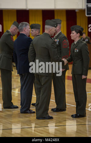 U.S. Marine Corps Maj. Gen. John K. Love, commanding general, 2nd Marine Division (2d MARDIV), left, awards 1st Lt. Lindsay F. Rheiner, 2nd Tank Battalion, 2d MARDIV with the Tarawa award on Camp Lejeune, N.C., Feb. 9, 2018. U.S. Marines, Sailors and civilians participated in the ceremony to reflect on the accomplishments of the Division over the last 77 years. (U.S. Marine Corps photo by Lance Cpl. Taylor N. Cooper) Stock Photo