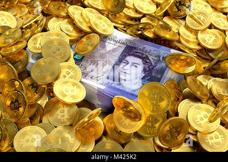 Stack of GBP pound sterling notes surrounded by Bitcoins Stock Photo