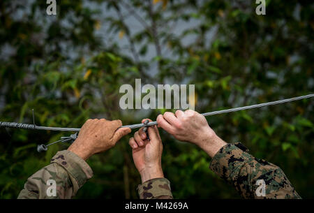 U.S. Army Maj. Robert Vandertuin, left, and U.S. Marine Maj. Jeremy Carroll fix a wire on a fence that helps mitigate elephant stampedes of up to 40 elephants in the area in Chachoengsao, Kingdom of Thailand, Jan. 31, 2018. Vandertuin is the head of a Combined Joint Civil Military Operations Task Force.  Exercise Cobra Gold 2018 is an annual exercise conducted in the Kingdom of Thailand and runs from Feb. 13-23 with up to nine nations participating. (U.S. Marine Corps photo by Sgt. Matthew J. Bragg) Stock Photo